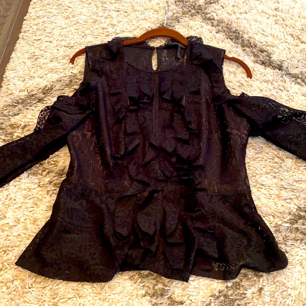 Cold shoulder black lace BCBG top